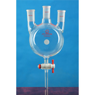 2000mL Straight Three-Neck Round Bottom Flask With Discharge Valve (Thick Wall) Thick Glass Tube Manual Mold Blowing LH-10-T-668, Intermediate Grinding Mouth: 24, Side Grinding: 24, LH Labware