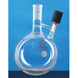 1000mL Vacuum Valve Solvent Transfer Ball Bottle (Thick Wall) Sphere Thick Glass Tube Manual Mold Blowing LH-231000, Main port#24, Side Tube Valve: 0~4mm, LH Labware
