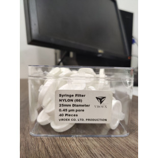 JTSF0332	VSF0021	Syringe filter,	NYLON 66,	Ф25mm, 0.45μm,  Nylon 66（hydrophobic), 40pc/pk
