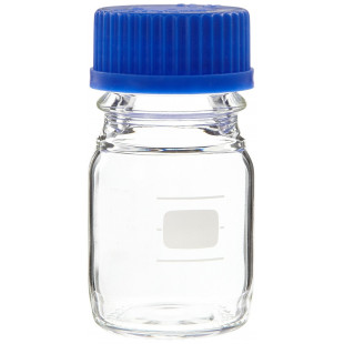 Lab Bottle 50 mL, Clear Glass GL 45, Blue Cap, D-45 x H-88 mm, Soda Glass