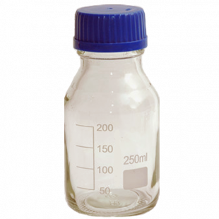 Lab Bottle 250 mL, Clear Glass GL 45, Blue Cap, D-70 x H-138 mm, Soda Glass