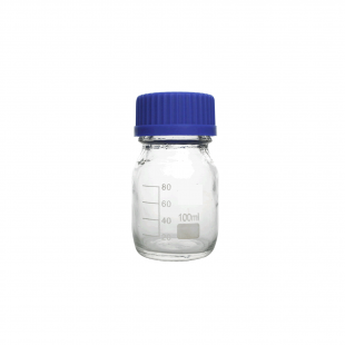 Lab Bottle 100 mL, Clear Glass GL 45, Blue Cap, D-56 x H-110 mm, Soda Glass